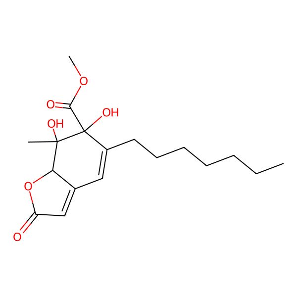2D Structure of methyl (6S,7S,7aR)-5-heptyl-6,7-dihydroxy-7-methyl-2-oxo-7aH-1-benzofuran-6-carboxylate