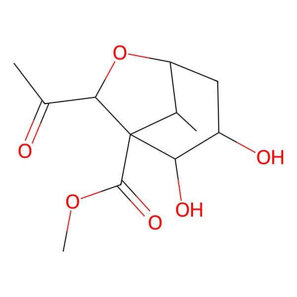 2D Structure of Methyl 7-acetyl-2,3-dihydroxy-8-methyl-6-oxabicyclo[3.2.1]octane-1-carboxylate