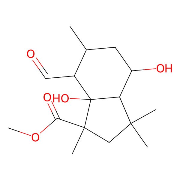 2D Structure of Methyl 7-formyl-4,7a-dihydroxy-1,3,3,6-tetramethyl-2,3a,4,5,6,7-hexahydroindene-1-carboxylate