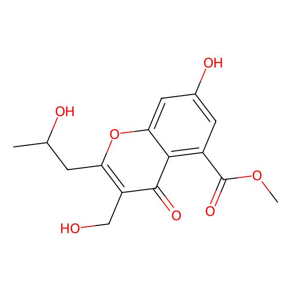 2D Structure of Methyl 7-hydroxy-3-(hydroxymethyl)-2-(2-hydroxypropyl)-4-oxochromene-5-carboxylate