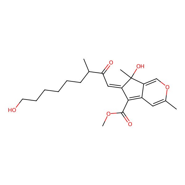 2D Structure of Methyl 7-hydroxy-6-(9-hydroxy-3-methyl-2-oxononylidene)-3,7-dimethylcyclopenta[c]pyran-5-carboxylate