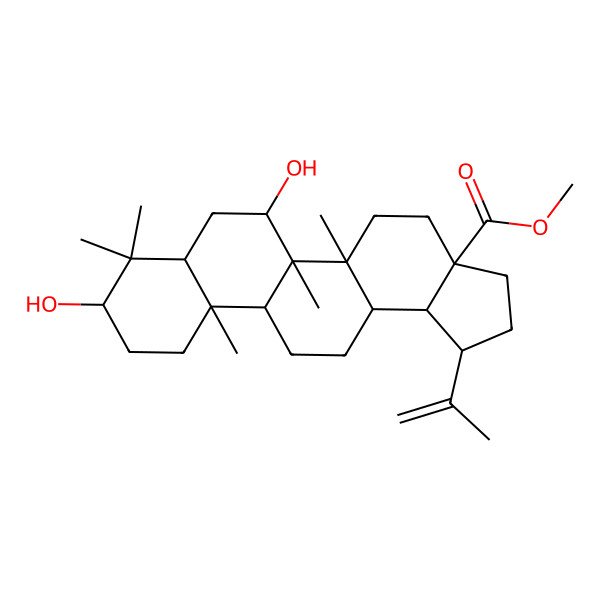 2D Structure of methyl (1R,3aS,5aR,5bR,6S,7aR,9S,11aS,11bR,13aR,13bR)-6,9-dihydroxy-5a,5b,8,8,11a-pentamethyl-1-prop-1-en-2-yl-1,2,3,4,5,6,7,7a,9,10,11,11b,12,13,13a,13b-hexadecahydrocyclopenta[a]chrysene-3a-carboxylate