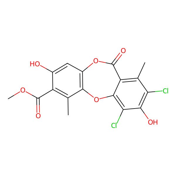 2D Structure of Methyl 8,10-dichloro-3,9-dihydroxy-1,7-dimethyl-6-oxobenzo[b][1,4]benzodioxepine-2-carboxylate