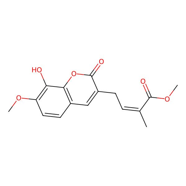 2D Structure of methyl (E)-4-(8-hydroxy-7-methoxy-2-oxochromen-3-yl)-2-methylbut-2-enoate 2D Structure of methyl (E)-4-(8-hydroxy-7-methoxy-2-oxochromen-3-yl)-2-methylbut-2-enoate