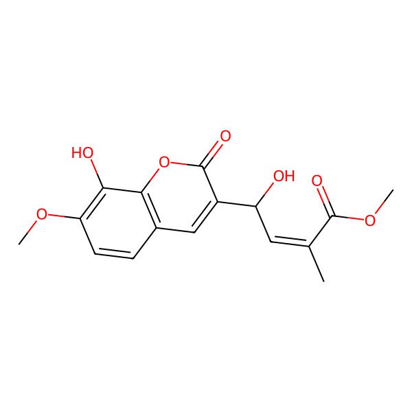 2D Structure of methyl (E,4R)-4-hydroxy-4-(8-hydroxy-7-methoxy-2-oxochromen-3-yl)-2-methylbut-2-enoate 2D Structure of methyl (E,4R)-4-hydroxy-4-(8-hydroxy-7-methoxy-2-oxochromen-3-yl)-2-methylbut-2-enoate