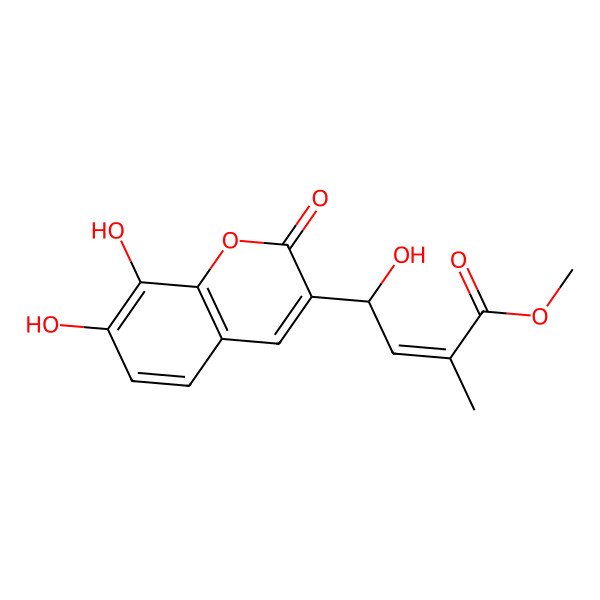 2D Structure of methyl (E,4S)-4-(7,8-dihydroxy-2-oxochromen-3-yl)-4-hydroxy-2-methylbut-2-enoate 2D Structure of methyl (E,4S)-4-(7,8-dihydroxy-2-oxochromen-3-yl)-4-hydroxy-2-methylbut-2-enoate