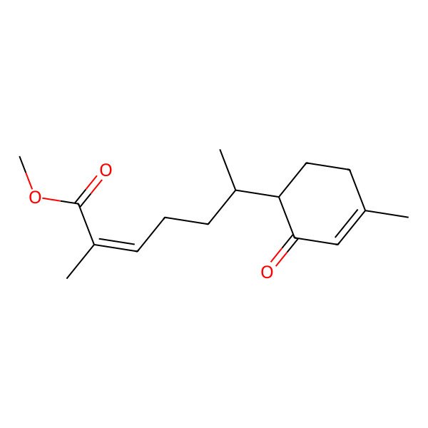 2D Structure of methyl (E,6R)-2-methyl-6-[(1R)-4-methyl-2-oxocyclohex-3-en-1-yl]hept-2-enoate