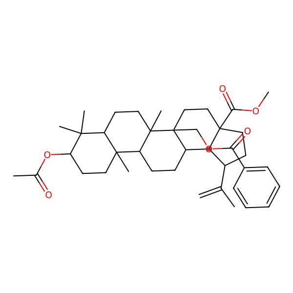 2D Structure of Methyl 9-acetyloxy-5a-(benzoyloxymethyl)-5b,8,8,11a-tetramethyl-1-prop-1-en-2-yl-1,2,3,4,5,6,7,7a,9,10,11,11b,12,13,13a,13b-hexadecahydrocyclopenta[a]chrysene-3a-carboxylate