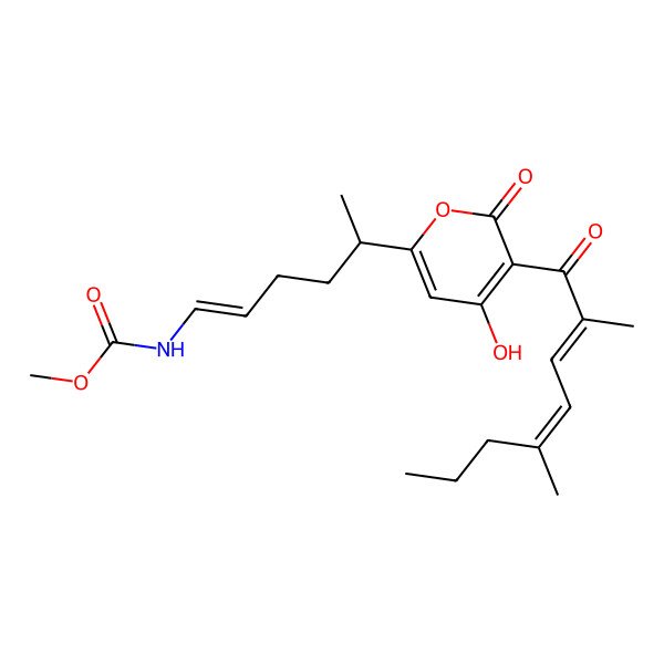 2D Structure of methyl N-[5-[5-(2,5-dimethylocta-2,4-dienoyl)-4-hydroxy-6-oxopyran-2-yl]hex-1-enyl]carbamate