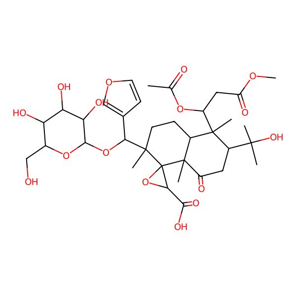 2D Structure of 5-[1-(Acetyloxy)-3-methoxy-3-oxopropyl]-2-[(furan-3-yl)({[3,4,5-trihydroxy-6-(hydroxymethyl)oxan-2-yl]oxy})methyl]-6-(2-hydroxypropan-2-yl)-2,5,8a-trimethyl-8-oxo-octahydro-2H-spiro[naphthalene-1,2'-oxirane]-3'-carboxylic acid