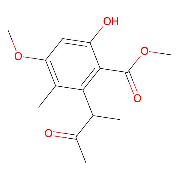 2D Structure of Methyl (S)-8-hydroxy-6-methoxy-5-methyl-4a-(3-oxobutan-2-yl)benzoate