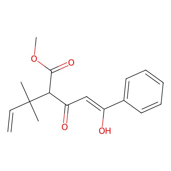 2D Structure of methyl (Z,2R)-5-hydroxy-2-(2-methylbut-3-en-2-yl)-3-oxo-5-phenylpent-4-enoate