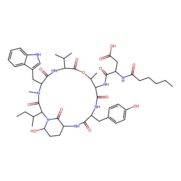 2D Structure of (3S)-4-[[(2S,5S,8S,11R,12S,15S,18S,21R)-2-[(2S)-butan-2-yl]-21-hydroxy-15-[(4-hydroxyphenyl)methyl]-5-(1H-indol-3-ylmethyl)-4,11-dimethyl-3,6,9,13,16,22-hexaoxo-8-propan-2-yl-10-oxa-1,4,7,14,17-pentazabicyclo[16.3.1]docosan-12-yl]amino]-3-(hexanoylamino)-4-oxobutanoic acid