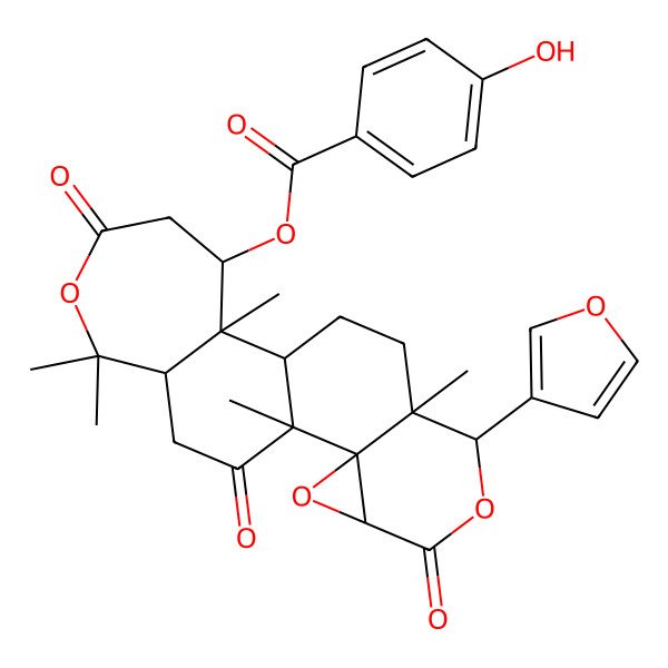 2D Structure of [(1R,2R,4S,7S,8S,11R,12R,18R)-7-(furan-3-yl)-1,8,12,17,17-pentamethyl-5,15,20-trioxo-3,6,16-trioxapentacyclo[9.9.0.02,4.02,8.012,18]icosan-13-yl] 4-hydroxybenzoate