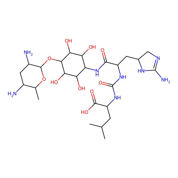 2D Structure of D-myo-Inositol, 1-(((2S)-3-((4R)-2-amino-4,5-dihydro-1H-imidazol-4-yl)-2-(((((1S)-1-carboxy-3-methylbutyl)amino)carbonyl)amino)-1-oxopropyl)amino)-1-deoxy-4-O-(2,4-diamino-2,3,4,6-tetradeoxy-alpha-D-arabino-hexopyranosyl)-