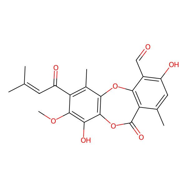2D Structure of 3,9-Dihydroxy-8-methoxy-1,6-dimethyl-7-(3-methyl-1-oxo-2-buten-1-yl)-11-oxo-11H-dibenzo(b,e)(1,4)dioxepin-4-carboxaldehyde