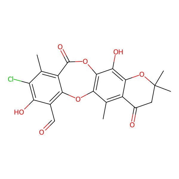 2D Structure of 9-Chloro-3,4-dihydro-8,13-dihydroxy-2,2,5,10-tetramethyl-4,11-dioxo-2H,11H-(1,4)benzodioxepino(2,3-g)-1-benzopyran-7-carboxaldehyde