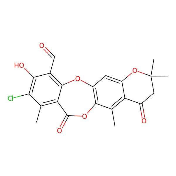 2D Structure of 9-Chloro-3,4-dihydro-10-hydroxy-2,2,5,8-tetramethyl-4,7-dioxo-2H,7H-1-benzopyrano(7,6-b)(1,4)benzodioxepin-11-carboxaldehyde
