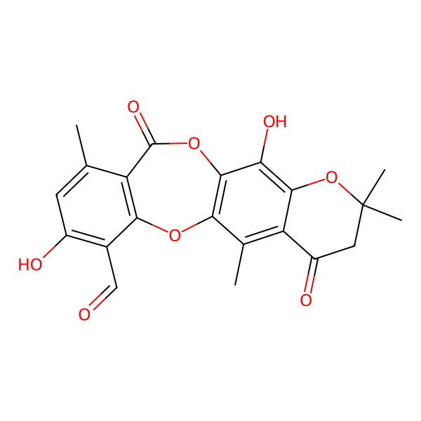 2D Structure of 3,4-Dihydro-8,13-dihydroxy-2,2,5,10-tetramethyl-4,11-dioxo-2H,11H-1-benzopyrano(6,7-b)(1,4)benzodioxepin-7-carboxaldehyde