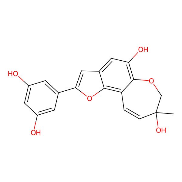 2D Structure of 2-(3,5-dihydroxyphenyl)-8-methyl-7H-furo[2,3-g][1]benzoxepine-5,8-diol