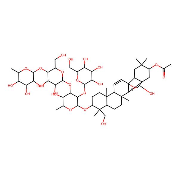 2D Structure of [(1S,2S,4S,5R,8R,9R,10S,13S,14R,17S,18R,21S)-10-[(2R,3R,4S,5S,6R)-4-[(2S,3R,4R,5S,6R)-3,4-dihydroxy-6-(hydroxymethyl)-5-[(2S,3R,4R,5R,6S)-3,4,5-trihydroxy-6-methyloxan-2-yl]oxyoxan-2-yl]oxy-5-hydroxy-6-methyl-3-[(2S,3R,4S,5S,6R)-3,4,5-trihydroxy-6-(hydroxymethyl)oxan-2-yl]oxyoxan-2-yl]oxy-2-hydroxy-9-(hydroxymethyl)-4,5,9,13,20,20-hexamethyl-24-oxahexacyclo[15.5.2.01,18.04,17.05,14.08,13]tetracos-15-en-21-yl] acetate