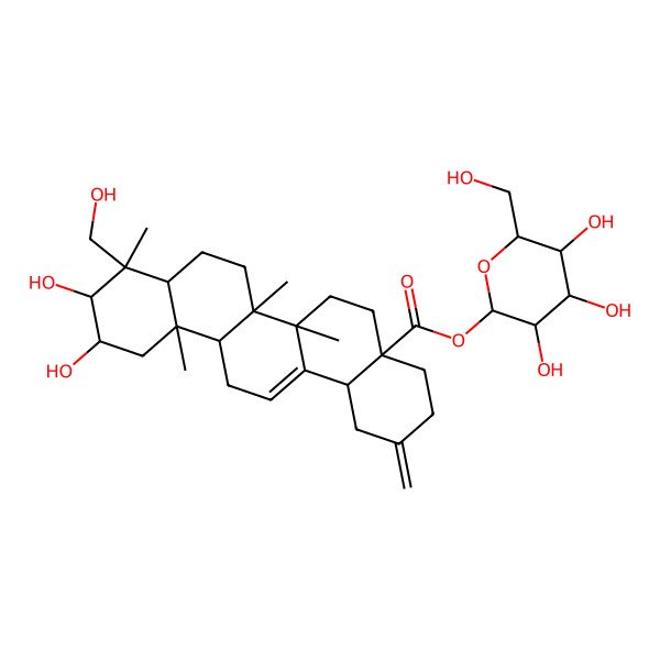 2D Structure of [(2S,3R,4S,5S,6R)-3,4,5-trihydroxy-6-(hydroxymethyl)oxan-2-yl] (4aS,6aR,6aS,6bR,8aR,9R,10R,11R,12aR,14bS)-10,11-dihydroxy-9-(hydroxymethyl)-6a,6b,9,12a-tetramethyl-2-methylidene-1,3,4,5,6,6a,7,8,8a,10,11,12,13,14b-tetradecahydropicene-4a-carboxylate