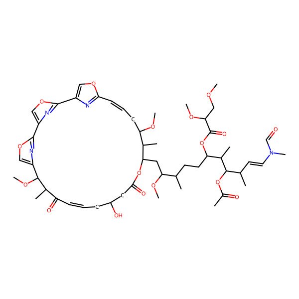 2D Structure of [4-Acetyloxy-1-[ormyl(methyl)amino]-11-(16-hydroxy-10,22-dimethoxy-11,21-dimethyl-12,18-dioxo-3,7,19,27-tetraoxa-29,30,31-triazatetracyclo[24.2.1.12,5.16,9]hentriaconta-1(28),2(31),4,6(30),8,13,24,26(29)-octaen-20-yl)-10-methoxy-3,5,9-trimethylundec-1-en-6-yl] 2,3-dimethoxypropanoate