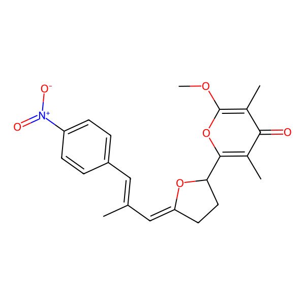 2D Structure of 2-Methoxy-3,5-dimethyl-6-(tetrahydro-4-(2-methyl-3-(4-nitrophenyl)-2-propenylidene)-2-furanyl)-4H-pyran-4-one