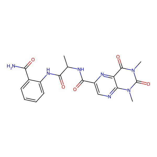 2D Structure of N-[1-(2-carbamoylanilino)-1-oxopropan-2-yl]-1,3-dimethyl-2,4-dioxopteridine-6-carboxamide