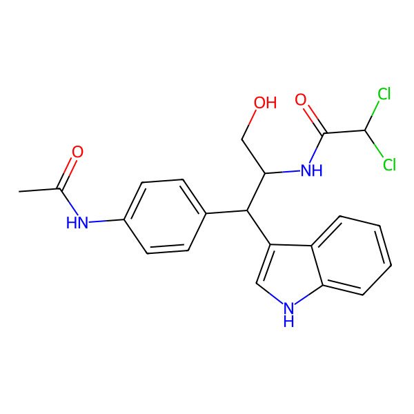 2D Structure of N-[(1S,2R)-1-(4-acetamidophenyl)-3-hydroxy-1-(1H-indol-3-yl)propan-2-yl]-2,2-dichloroacetamide