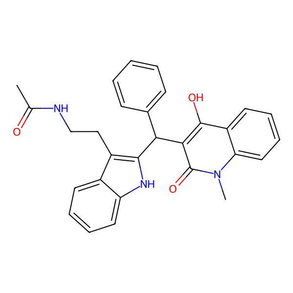 2D Structure of N-[2-[2-[(4-hydroxy-1-methyl-2-oxoquinolin-3-yl)-phenylmethyl]-1H-indol-3-yl]ethyl]acetamide