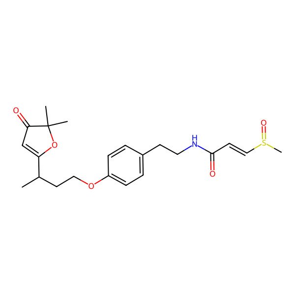 2D Structure of N-[2-[4-[3-(5,5-dimethyl-4-oxofuran-2-yl)butoxy]phenyl]ethyl]-3-methylsulfinylprop-2-enamide
