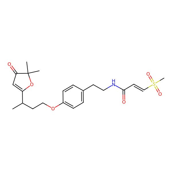 2D Structure of N-[2-[4-[3-(5,5-dimethyl-4-oxofuran-2-yl)butoxy]phenyl]ethyl]-3-methylsulfonylprop-2-enamide