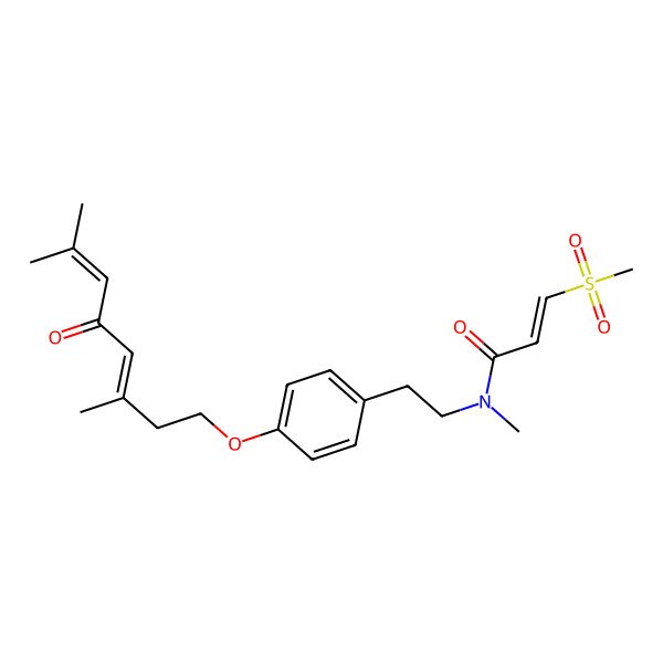 2D Structure of N-[2-[4-(3,7-dimethyl-5-oxoocta-3,6-dienoxy)phenyl]ethyl]-N-methyl-3-methylsulfonylprop-2-enamide