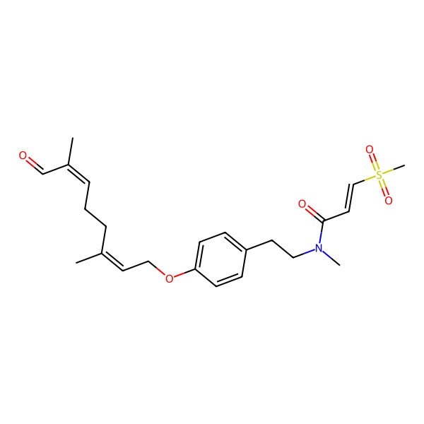 2D Structure of N-[2-[4-(3,7-dimethyl-8-oxoocta-2,6-dienoxy)phenyl]ethyl]-N-methyl-3-methylsulfonylprop-2-enamide