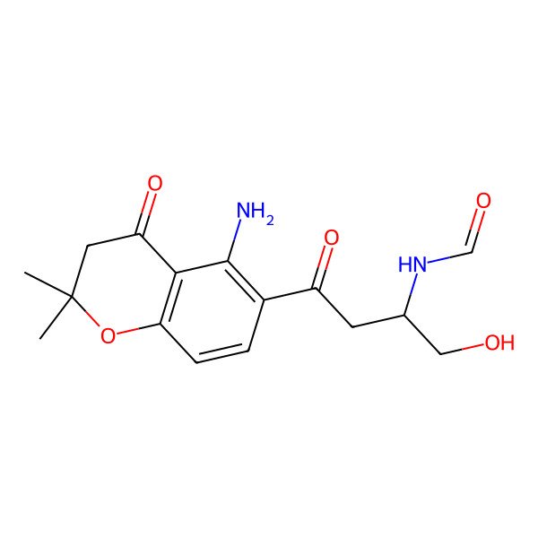 2D Structure of N-[(2R)-4-(5-amino-2,2-dimethyl-4-oxo-3H-chromen-6-yl)-1-hydroxy-4-oxobutan-2-yl]formamide