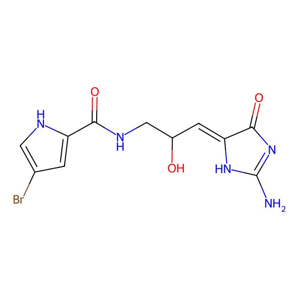 2D Structure of N-[(2R,3Z)-3-(2-amino-4-oxo-1H-imidazol-5-ylidene)-2-hydroxypropyl]-4-bromo-1H-pyrrole-2-carboxamide