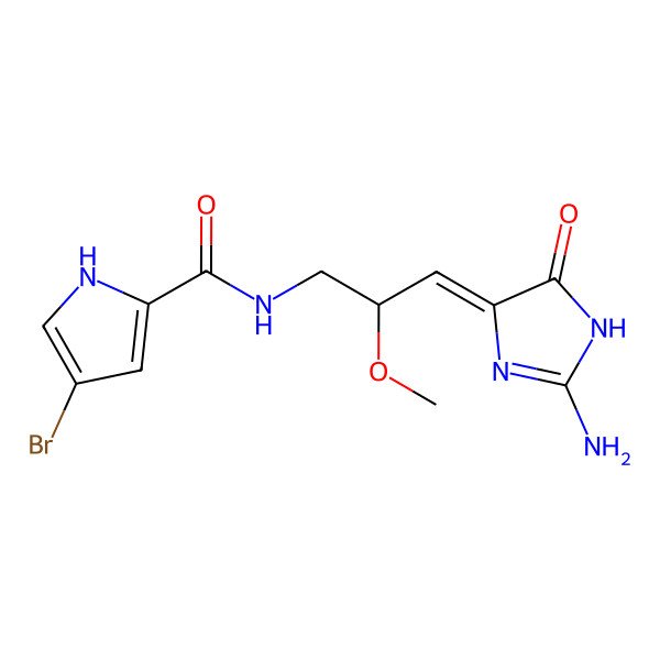 2D Structure of N-[(2R,3Z)-3-(2-amino-5-oxo-1H-imidazol-4-ylidene)-2-methoxypropyl]-4-bromo-1H-pyrrole-2-carboxamide