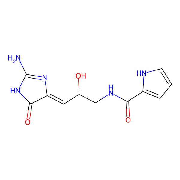 2D Structure of N-[(2S,3Z)-3-(2-amino-5-oxo-1H-imidazol-4-ylidene)-2-hydroxypropyl]-1H-pyrrole-2-carboxamide