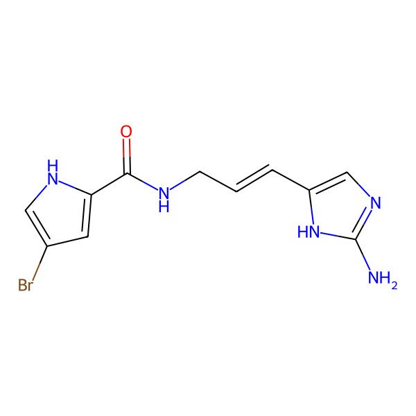 2D Structure of N-[3-(2-amino-1H-imidazol-5-yl)prop-2-enyl]-4-bromo-1H-pyrrole-2-carboxamide