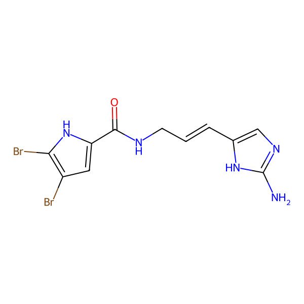 2D Structure of N-[3-(2-amino-1H-imidazol-5-yl)prop-2-enyl]-4,5-dibromo-1H-pyrrole-2-carboxamide
