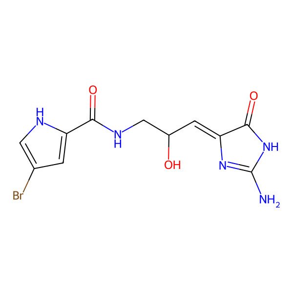 2D Structure of N-[3-(2-amino-5-oxo-1H-imidazol-4-ylidene)-2-hydroxypropyl]-4-bromo-1H-pyrrole-2-carboxamide