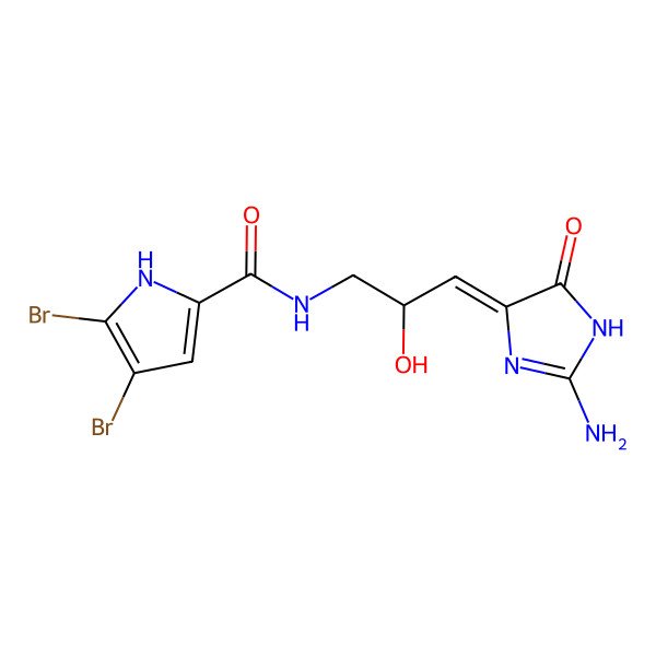 2D Structure of N-[3-(2-amino-5-oxo-1H-imidazol-4-ylidene)-2-hydroxypropyl]-4,5-dibromo-1H-pyrrole-2-carboxamide