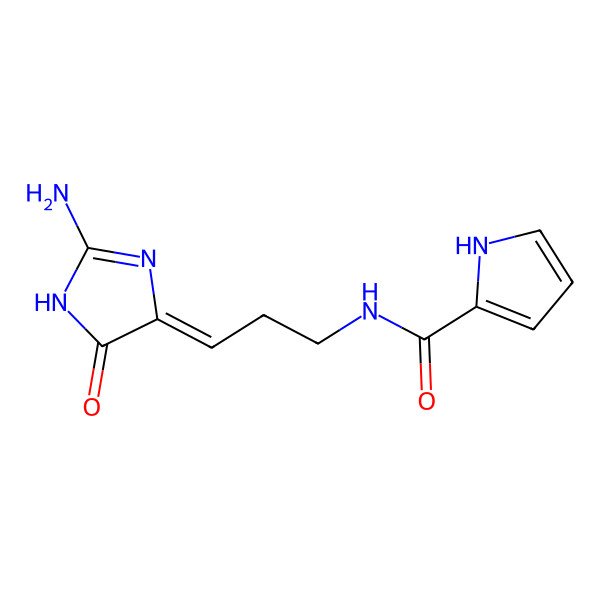 2D Structure of N-[3-(2-amino-5-oxo-1H-imidazol-4-ylidene)propyl]-1H-pyrrole-2-carboxamide