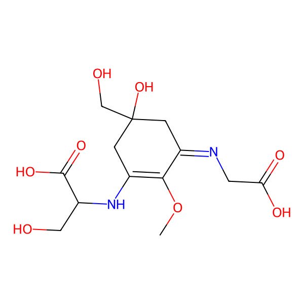 2D Structure of N-(3-((Carboxymethyl)amino)-5-hydroxy-5-(hydroxymethyl)-2-methoxy-2-cyclohexen-1-ylidene)-L-serine