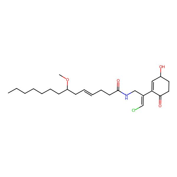 2D Structure of N-[3-chloro-2-(3-hydroxy-6-oxocyclohexen-1-yl)prop-2-enyl]-7-methoxytetradec-4-enamide