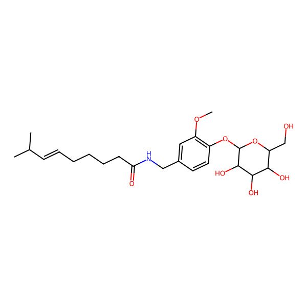 2D Structure of N-[[3-methoxy-4-[3,4,5-trihydroxy-6-(hydroxymethyl)oxan-2-yl]oxyphenyl]methyl]-8-methylnon-6-enamide