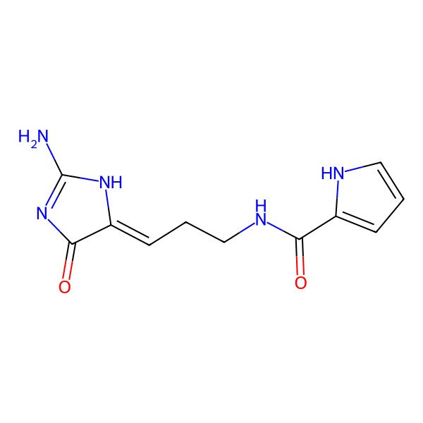 2D Structure of N-[(3Z)-3-(2-amino-4-oxo-1H-imidazol-5-ylidene)propyl]-1H-pyrrole-2-carboxamide