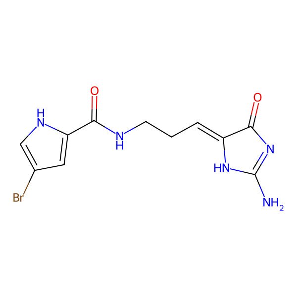 2D Structure of N-[(3Z)-3-(2-amino-4-oxo-1H-imidazol-5-ylidene)propyl]-4-bromo-1H-pyrrole-2-carboxamide