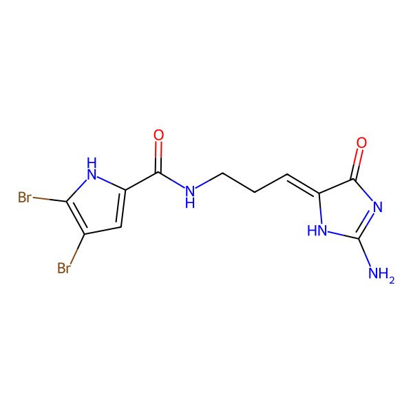 2D Structure of N-[(3Z)-3-(2-amino-4-oxo-1H-imidazol-5-ylidene)propyl]-4,5-dibromo-1H-pyrrole-2-carboxamide